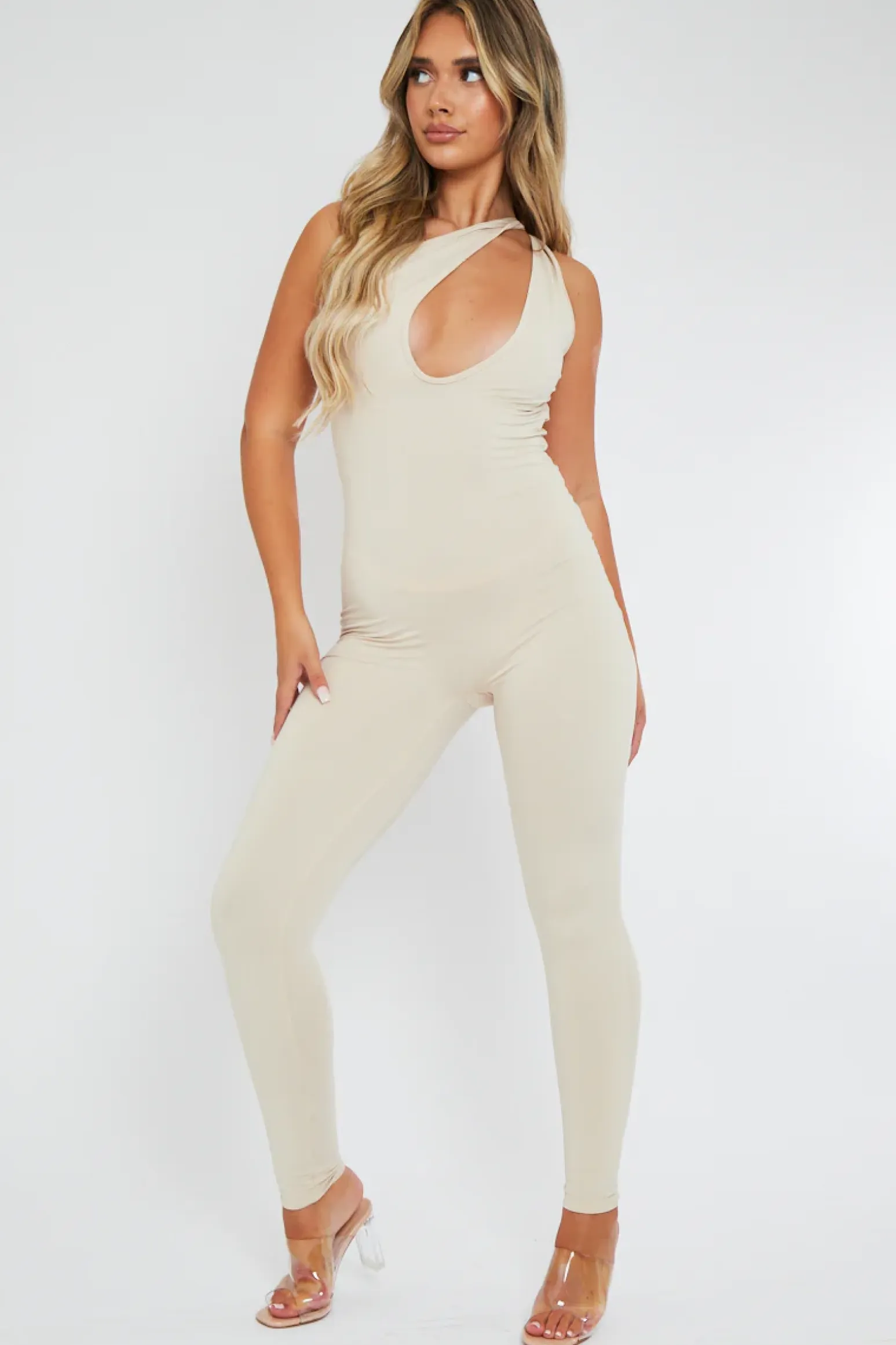 Rebellious Fashion Cream Knot Strap Slinky Jumpsuit - Imani