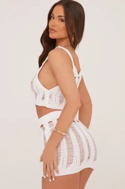 Rebellious Fashion Cream Laddering Crochet Cropped Top & Mini Skirt Co-ord Set - Allura