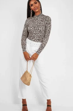 Rebellious Fashion Cream Leopard Print Slinky High Neck Bodysuit - Abira
