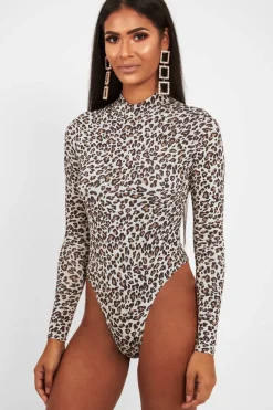 Rebellious Fashion Cream Leopard Print Slinky High Neck Bodysuit - Abira