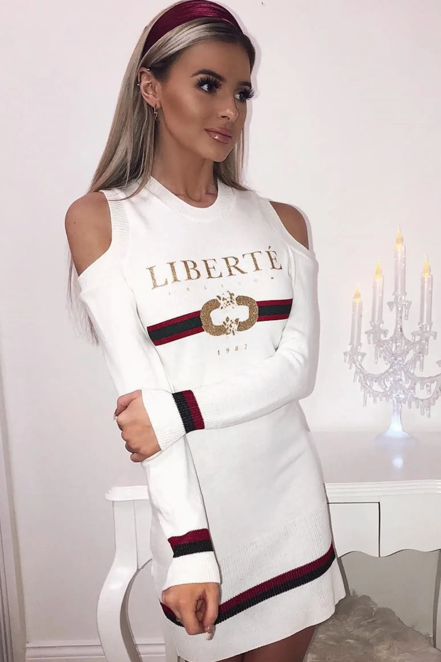 Rebellious Fashion Cream Liberte Slogan Jumper Dress - Lizeth