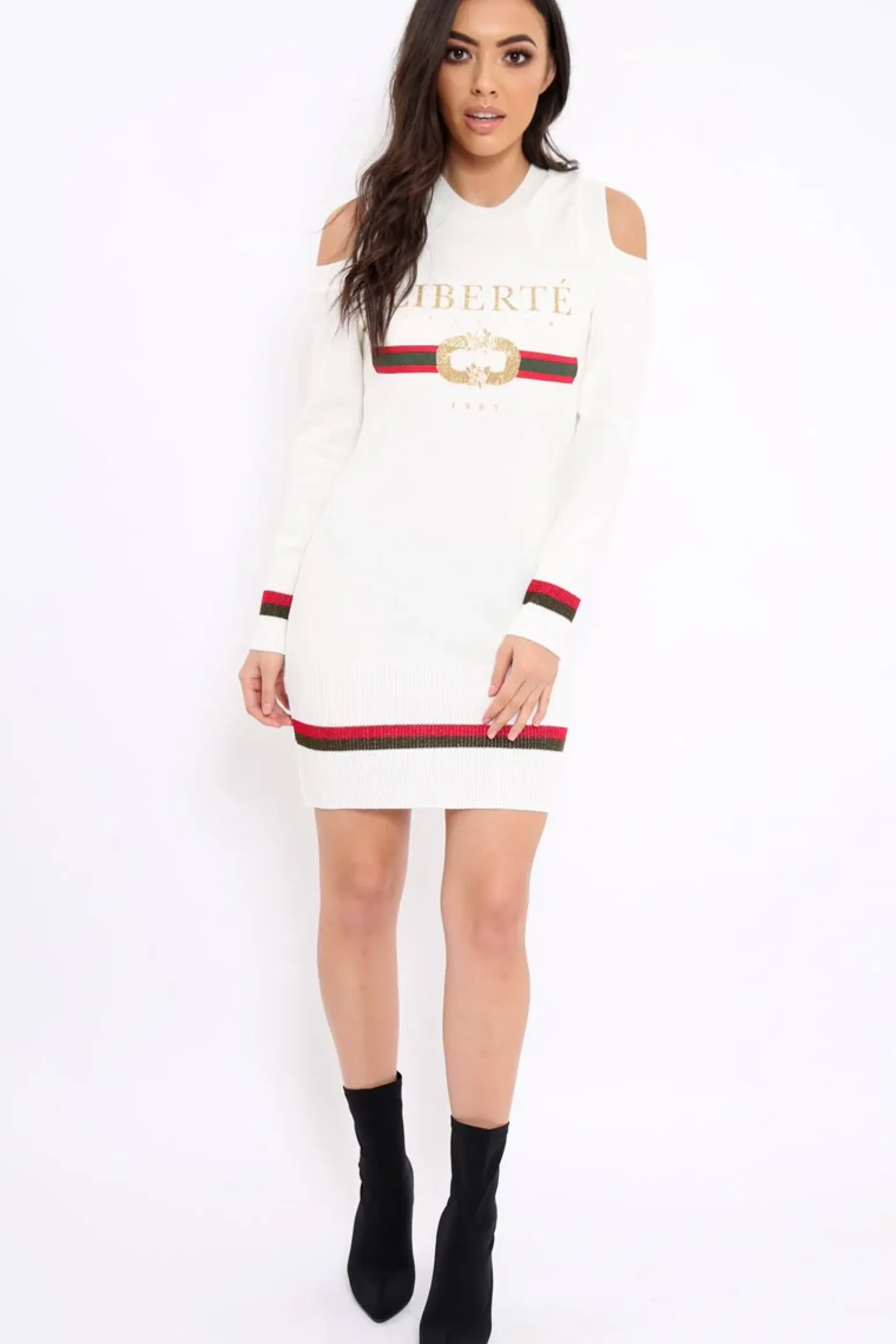 Rebellious Fashion Cream Liberte Slogan Jumper Dress - Lizeth