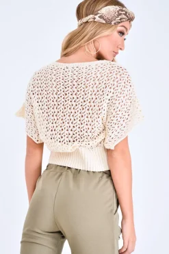 Rebellious Fashion Cream Open Knit Short Sleeve Top - Elene
