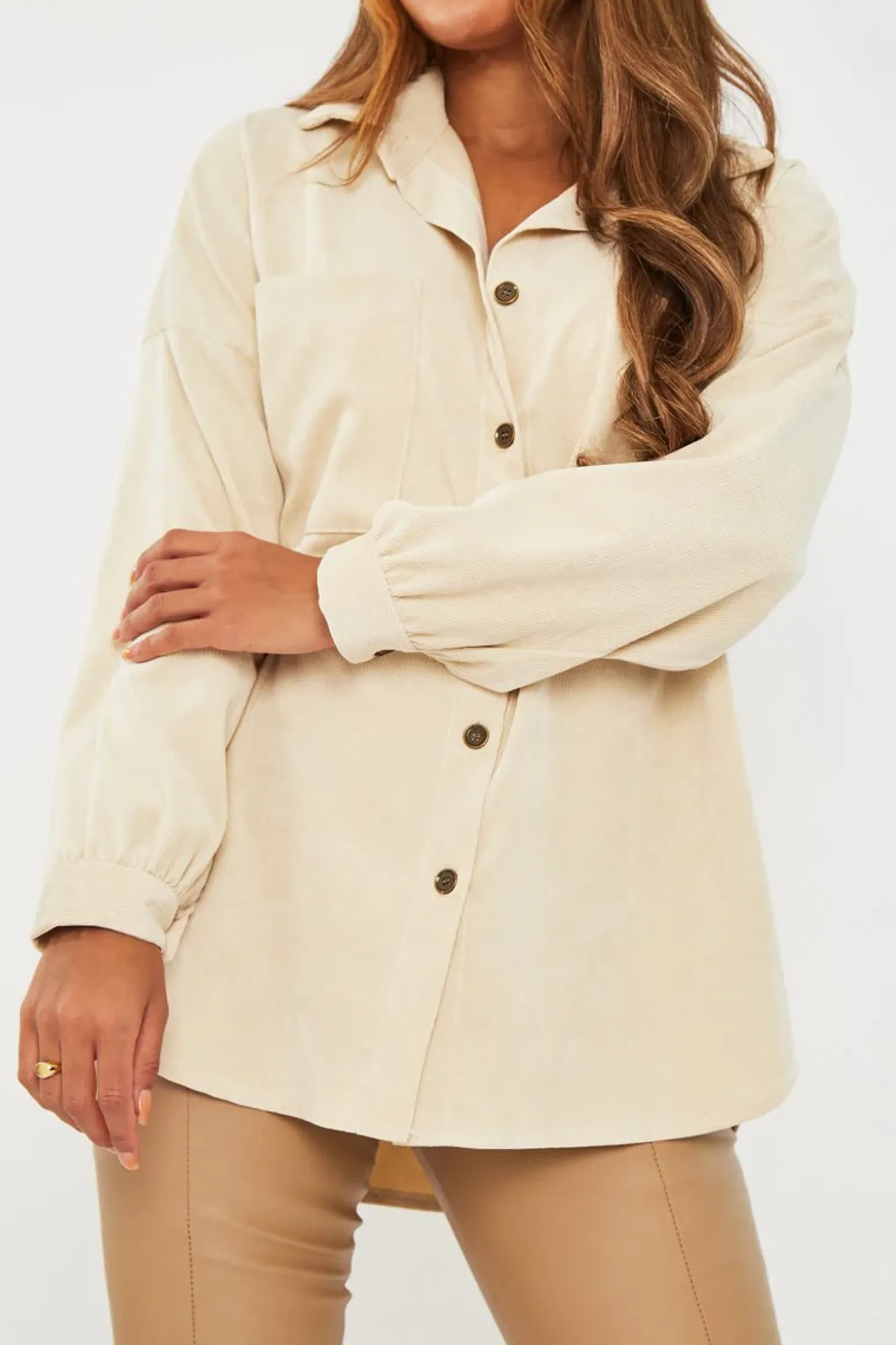 Rebellious Fashion Cream Oversized Fit Corduroy Shirt - Brina