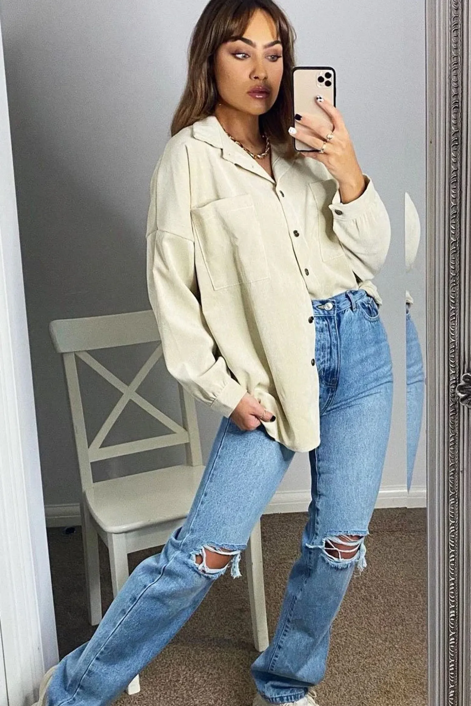 Rebellious Fashion Cream Oversized Fit Corduroy Shirt - Brina