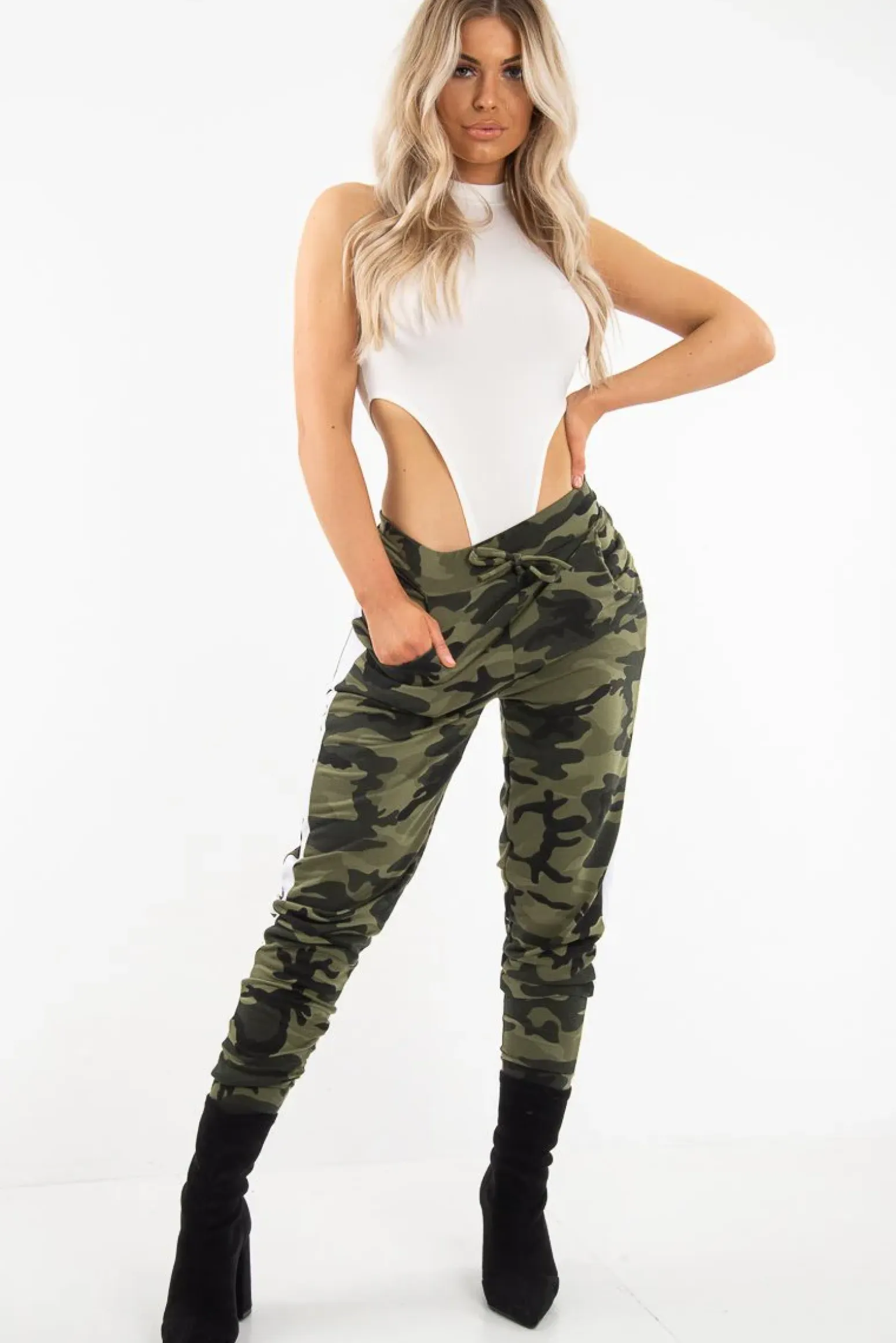 Rebellious Fashion Cream Ribbed High Neck Sleeveless Bodysuit - Electra