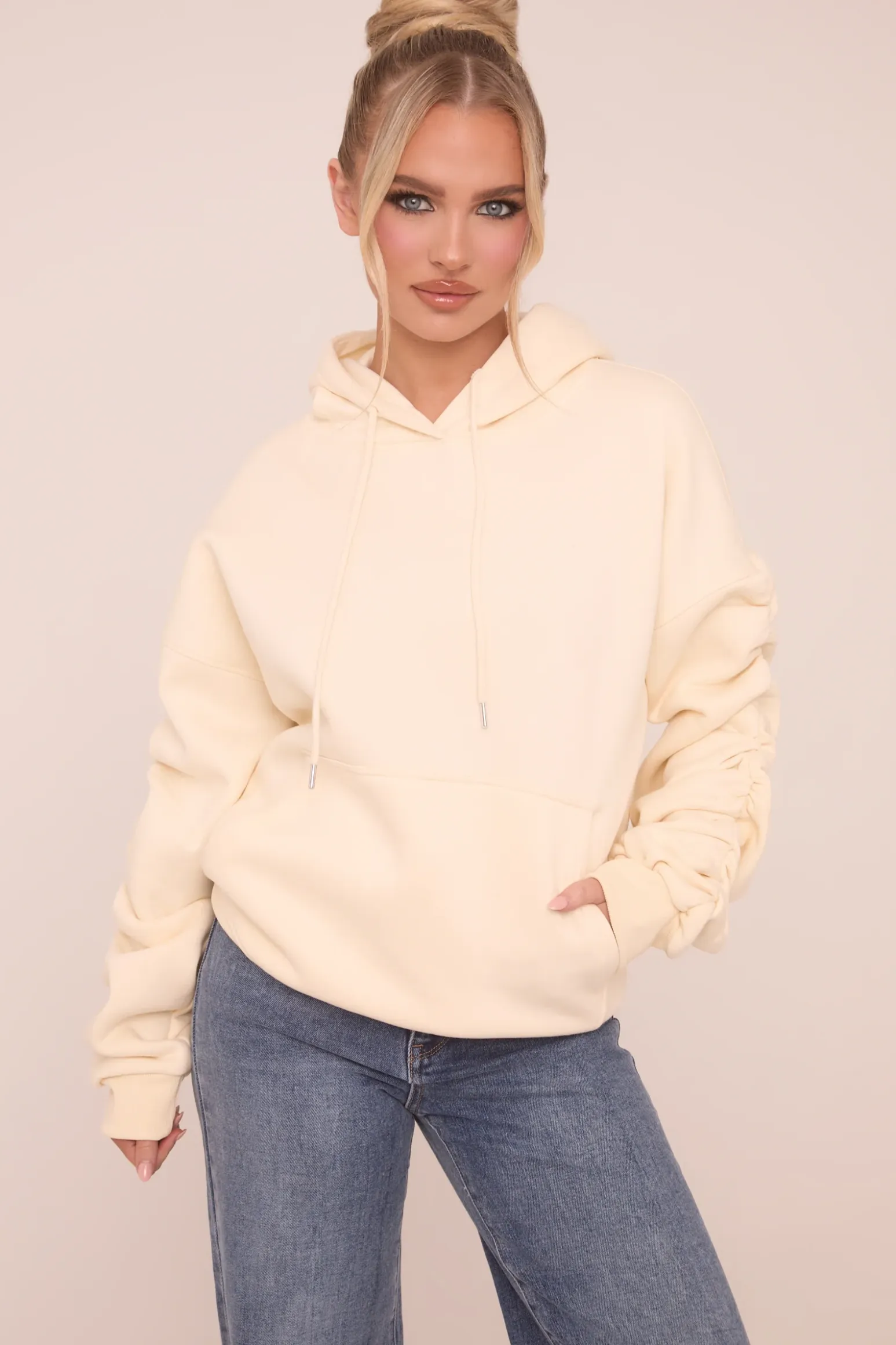 Rebellious Fashion Cream Ruched Sleeve Oversized Hoodie - Lorna