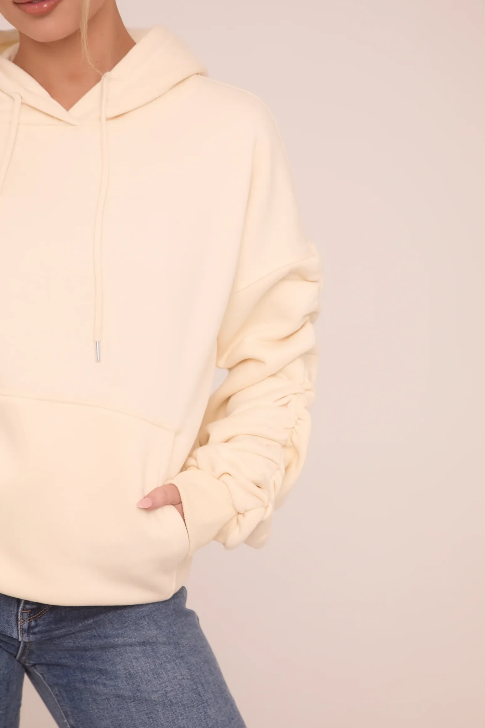 Rebellious Fashion Cream Ruched Sleeve Oversized Hoodie - Lorna