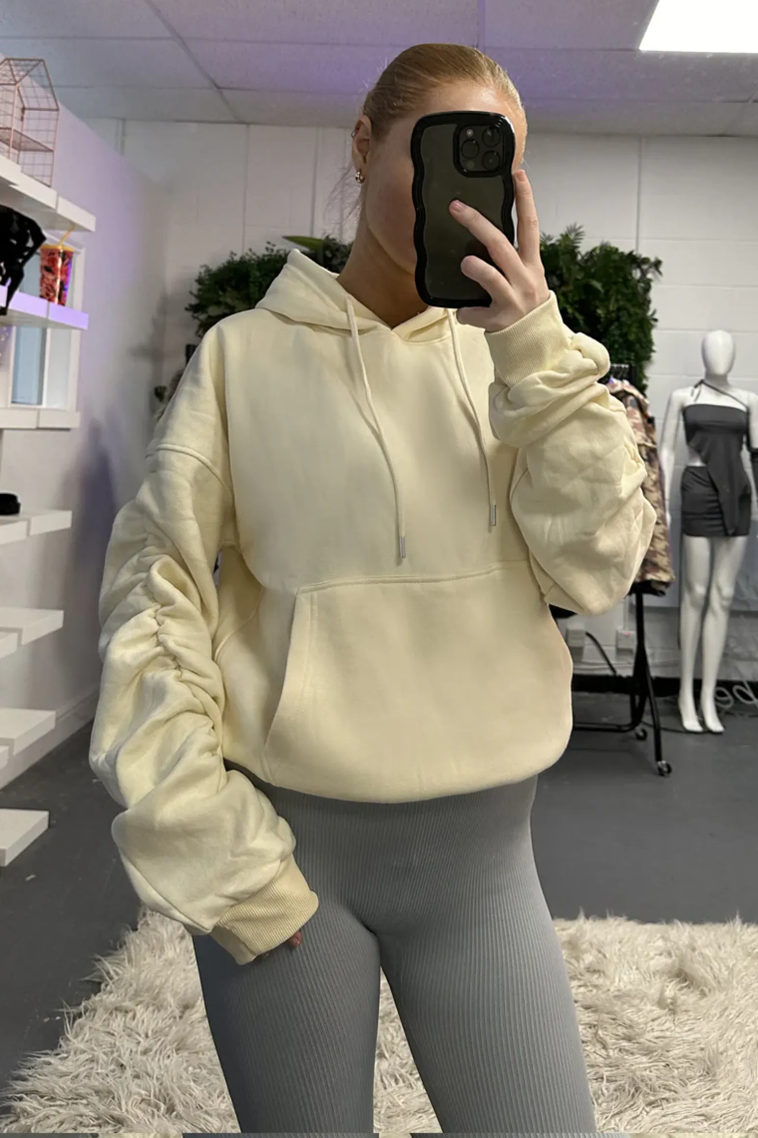 Rebellious Fashion Cream Ruched Sleeve Oversized Hoodie - Lorna