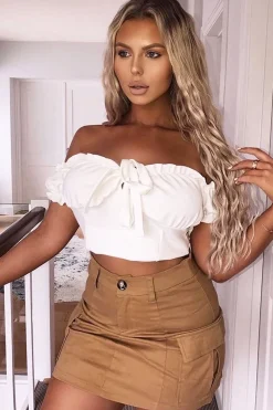 Rebellious Fashion Cream Ruffle Tie Front Bardot Crop Top - Pandora