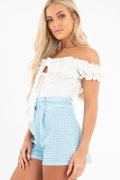 Rebellious Fashion Cream Ruffle Tie Front Bardot Crop Top - Pandora