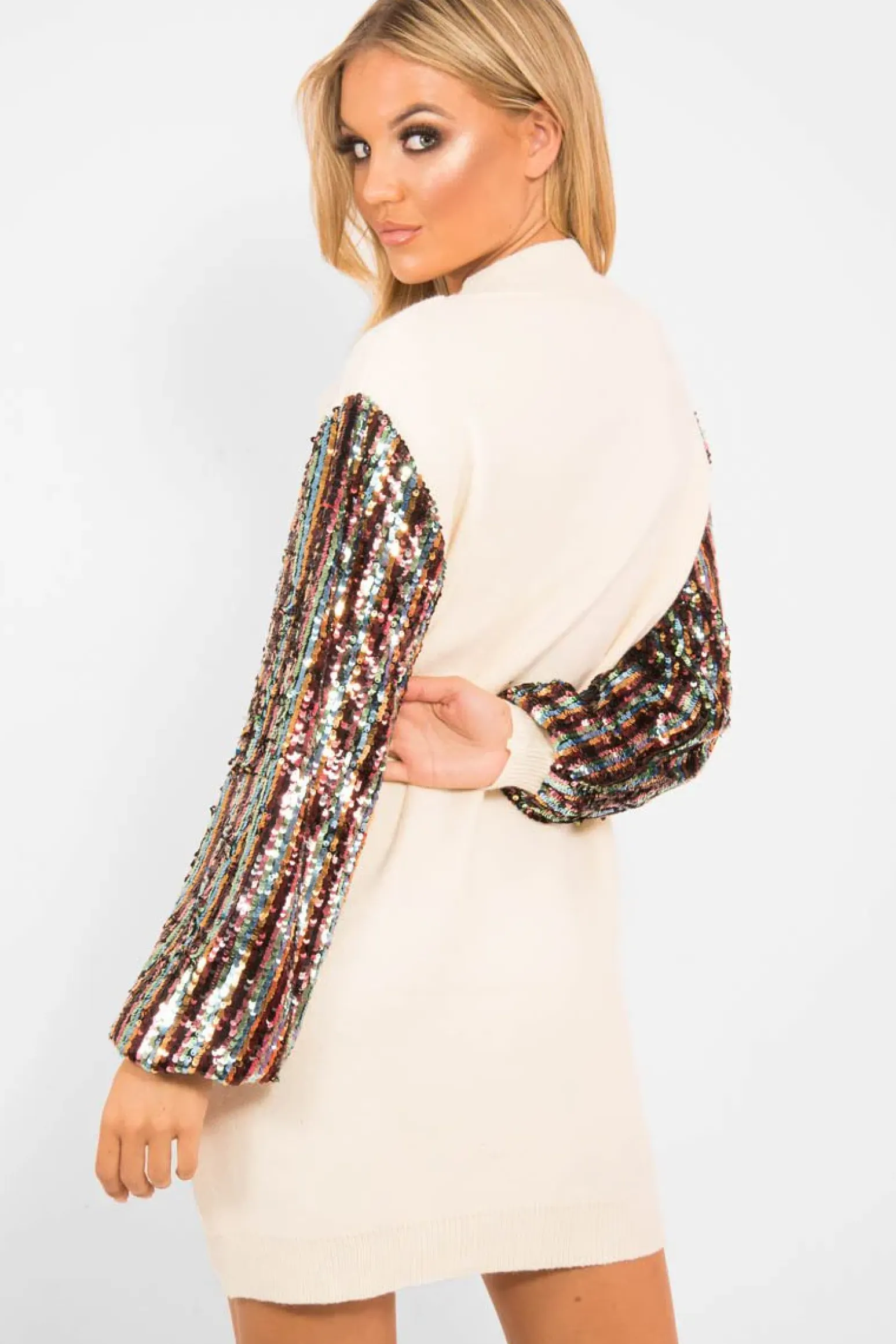 Rebellious Fashion Cream Sequin Sleeve Jumper Dress - Moniece