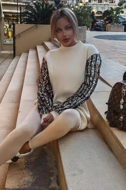 Rebellious Fashion Cream Sequin Sleeve Jumper Dress - Moniece