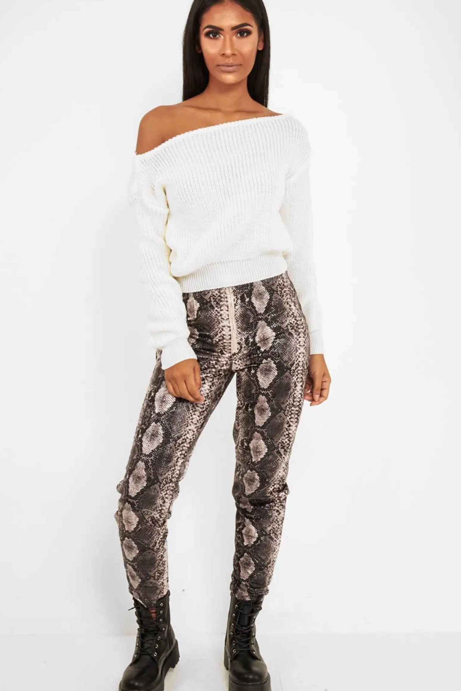 Rebellious Fashion Cream Slash Neck Knitted Jumper - Alessia
