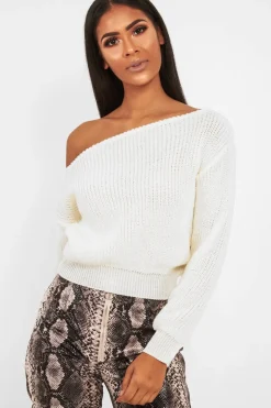 Rebellious Fashion Cream Slash Neck Knitted Jumper - Alessia