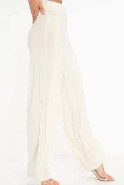 Rebellious Fashion Cream Slinky High Waist Wide Leg Trousers - Traci