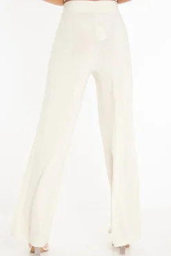 Rebellious Fashion Cream Slinky High Waist Wide Leg Trousers - Traci