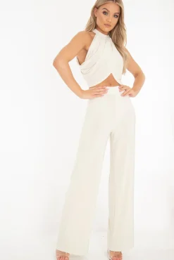 Rebellious Fashion Cream Slinky High Waist Wide Leg Trousers - Traci