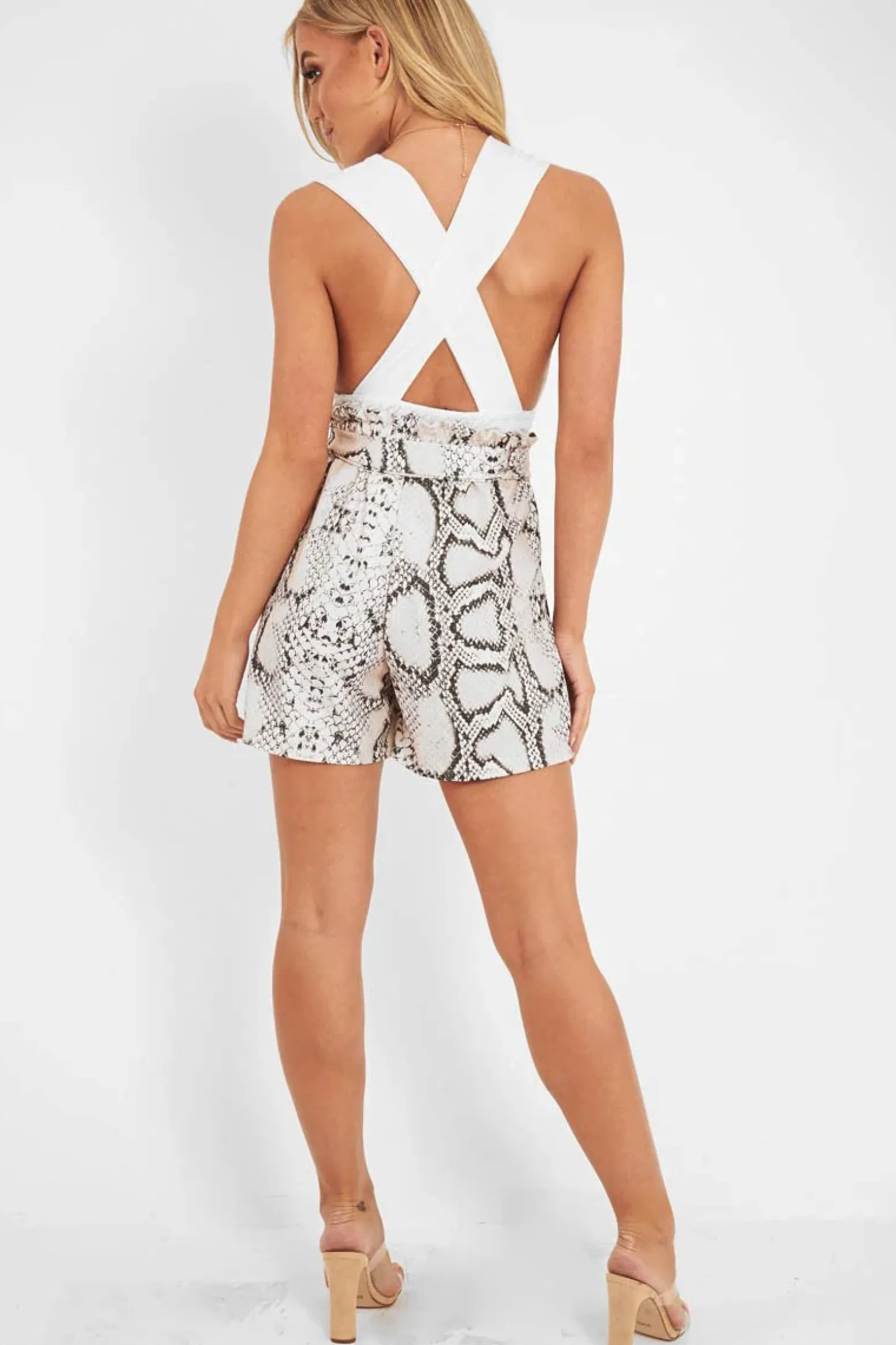 Rebellious Fashion Cream Snake Tie Waist Paper Bag Shorts - Delcie