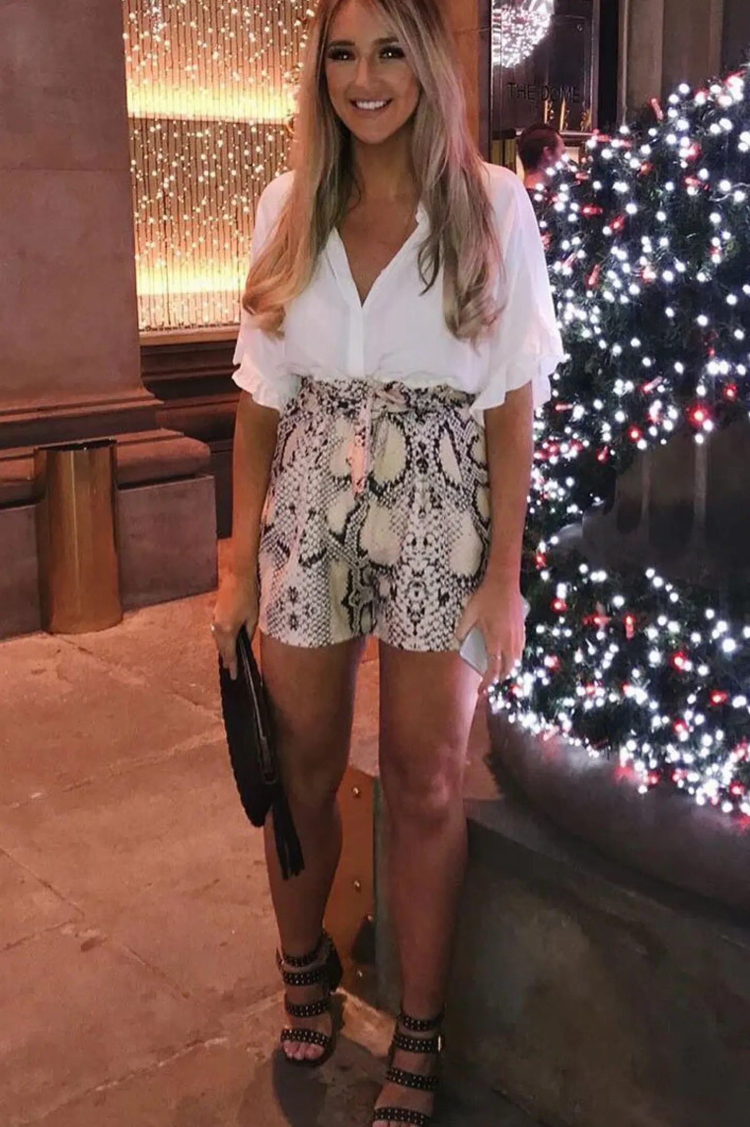 Rebellious Fashion Cream Snake Tie Waist Paper Bag Shorts - Delcie