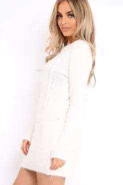 Rebellious Fashion Cream Soft Fur Knit Jumper Dress - Beck