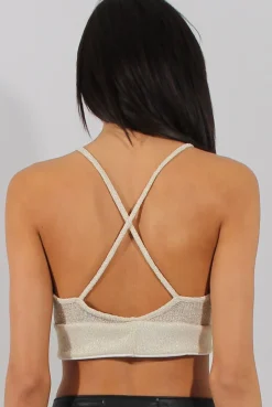Rebellious Fashion Cream Sparkle Halter Neck Crop Top - Charla