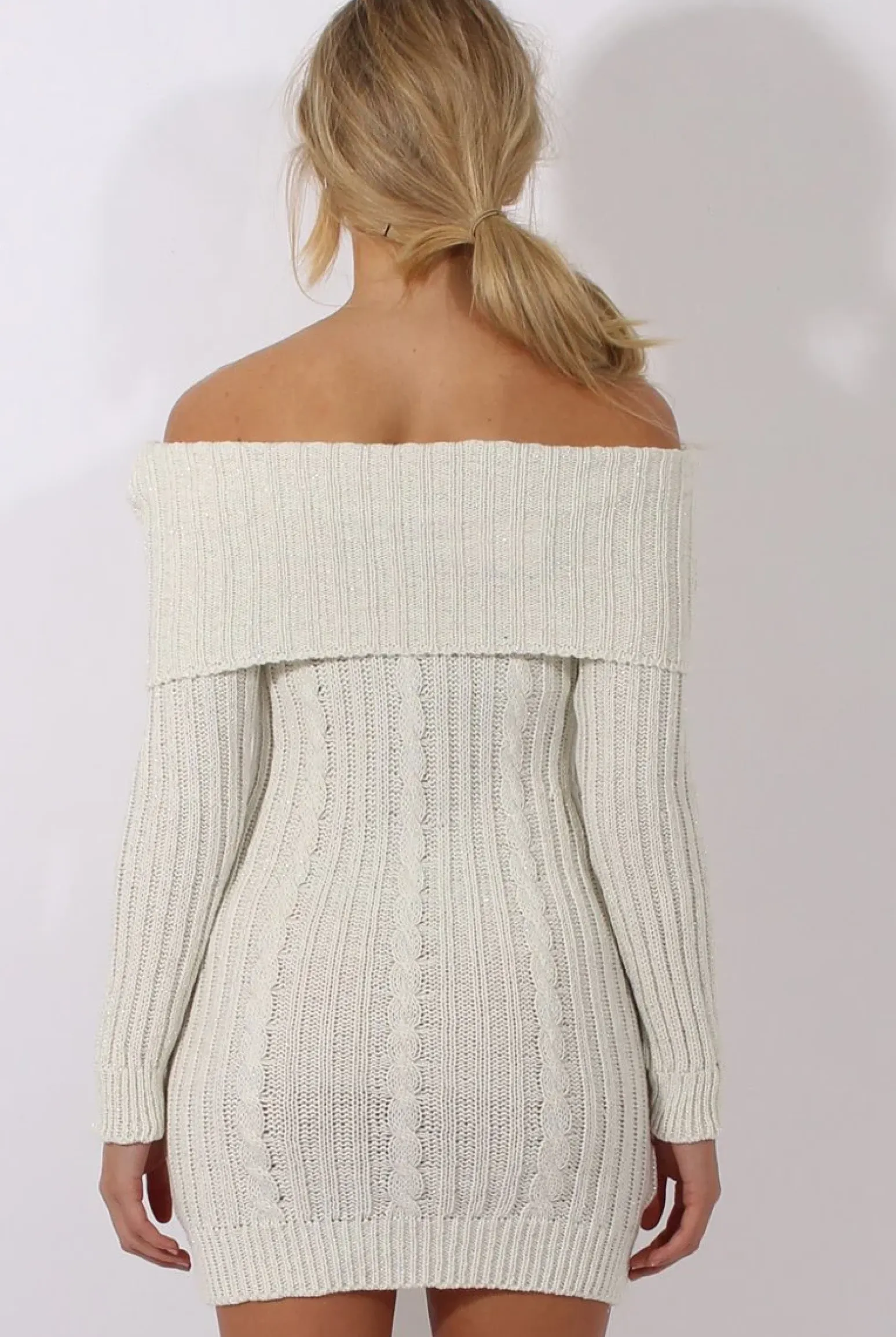 Rebellious Fashion Cream Sparkle Knit Bardot Jumper Dress - Kasey