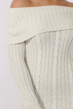 Rebellious Fashion Cream Sparkle Knit Bardot Jumper Dress - Kasey