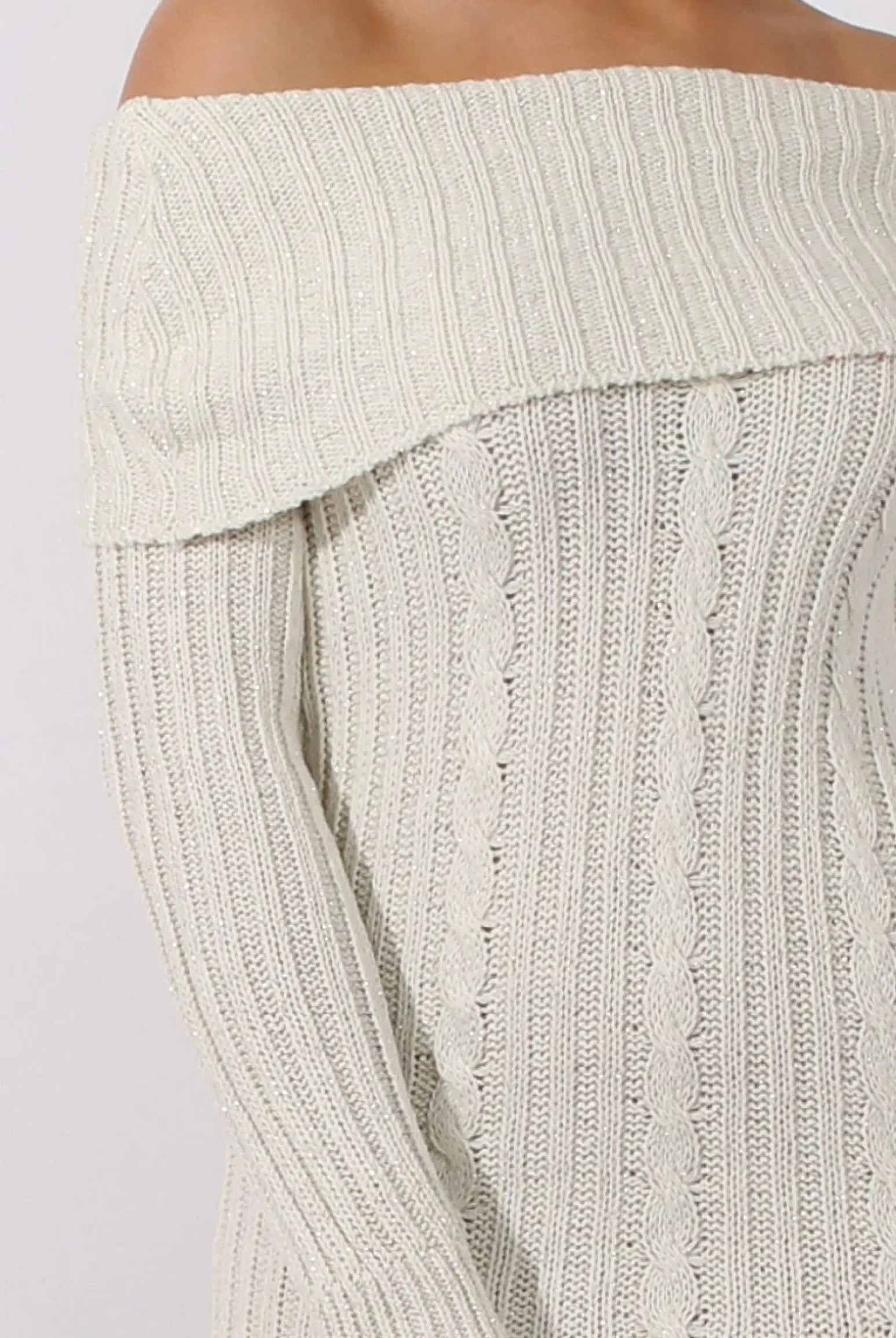 Rebellious Fashion Cream Sparkle Knit Bardot Jumper Dress - Kasey