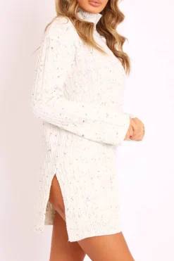 Rebellious Fashion Cream Split Side Cable knit Jumper Dress - Kyla