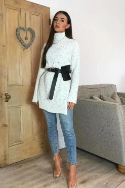 Rebellious Fashion Cream Split Side Cable knit Jumper Dress - Kyla
