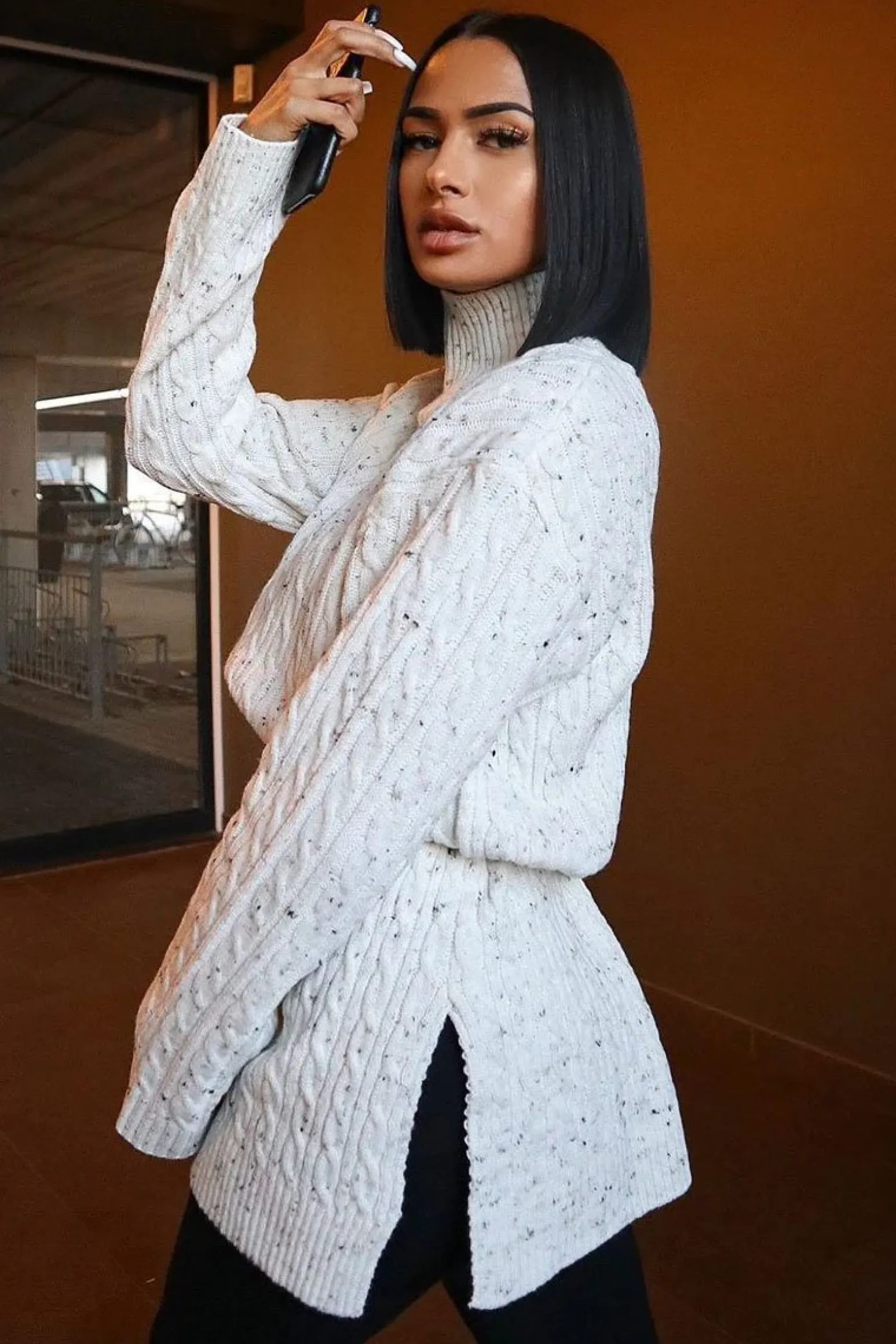 Rebellious Fashion Cream Split Side Cable knit Jumper Dress - Kyla