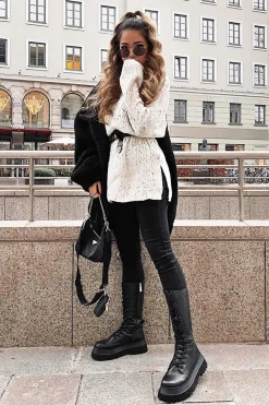 Rebellious Fashion Cream Split Side Cable knit Jumper Dress - Kyla