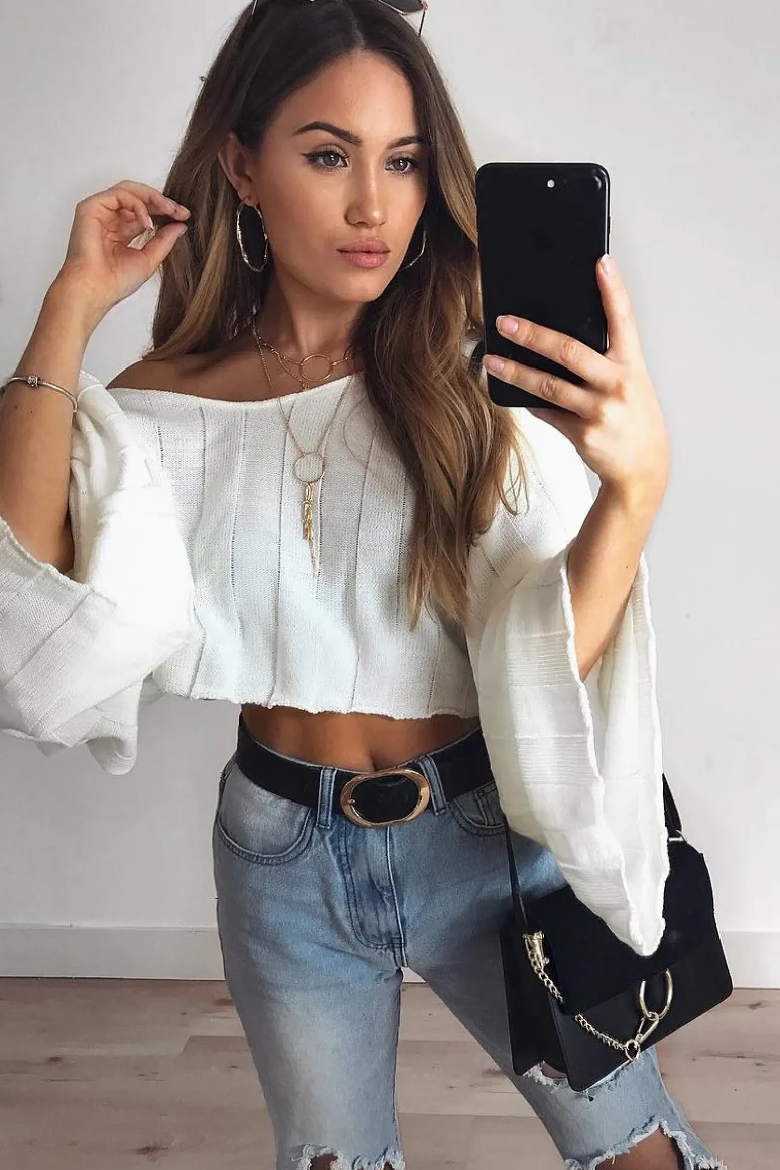 Rebellious Fashion Cream Striped Cropped Batwing Jumper with V neck -Karri