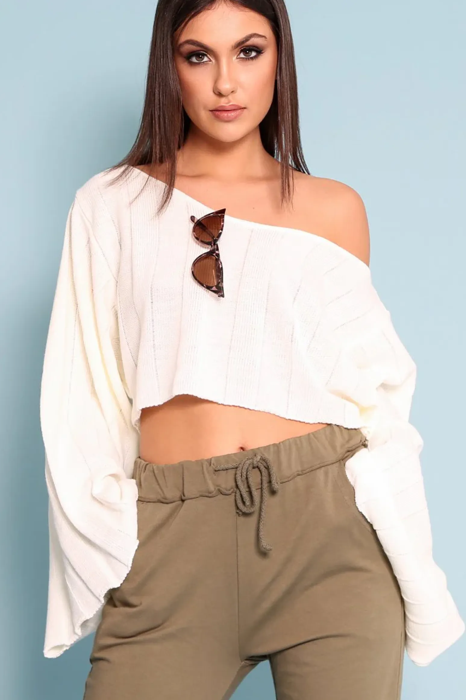 Rebellious Fashion Cream Striped Cropped Batwing Jumper with V neck -Karri