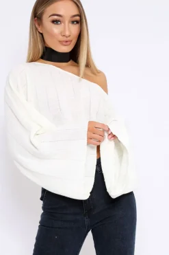 Rebellious Fashion Cream Striped Cropped Batwing Jumper with V neck -Karri