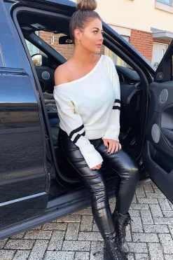 Rebellious Fashion Cream Stripe Off Shoulder Knit Jumper - Fifi