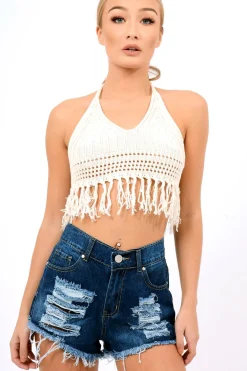 Rebellious Fashion Cream Tassel Crochet Halter Crop Top - Dayna
