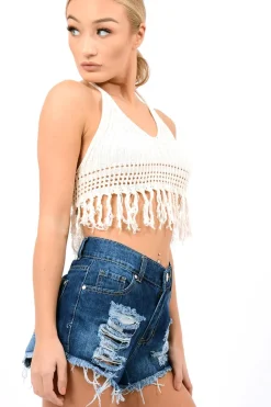 Rebellious Fashion Cream Tassel Crochet Halter Crop Top - Dayna