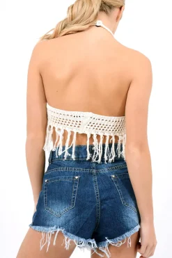Rebellious Fashion Cream Tassel Crochet Halter Crop Top - Dayna