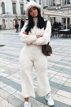 Rebellious Fashion Cream Teddy High Neck Top Trouser Co-ord - Gratia