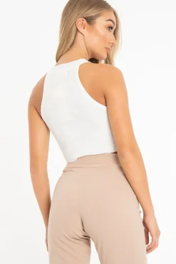 Rebellious Fashion Cream Thick Rib Halter Neck Crop Top - Aariella