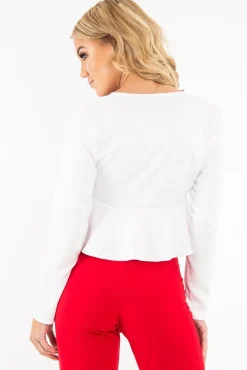 Rebellious Fashion Cream Tie Front Plunge Crop Blouse - Linzy