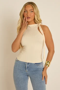 Rebellious Fashion Cream Tie Neck Jersey Top - Davina