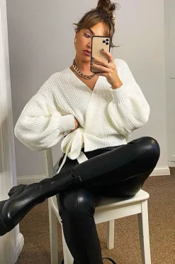 Rebellious Fashion Cream Wrap Tie Details Cardigan - Lucy
