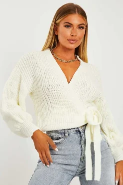 Rebellious Fashion Cream Wrap Tie Details Cardigan - Lucy