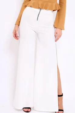 Rebellious Fashion Cream Zip Front High Waisted Flare Trousers - Gerta
