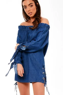 Rebellious Fashion Dark Blue Denim Bardot Mini Dress - Elisha