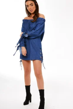 Rebellious Fashion Dark Blue Denim Bardot Mini Dress - Elisha