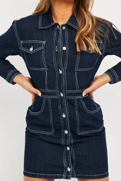 Rebellious Fashion Dark Blue Long Sleeve Denim Mini Dress - Connie